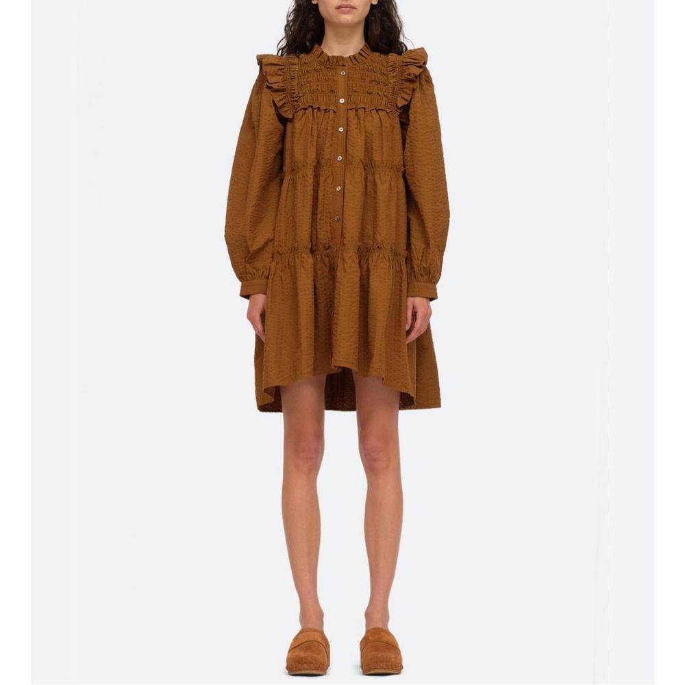 SEA Sevyn Seersucker Dress Size Large Long Sleeve Tobacco Brown Ruffle